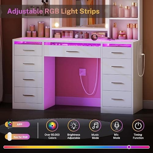 FINOESO Large Vanity Desk with Mirror and Lights, 3-Color LED, Makeup Vanity with Clear Glass Top & RGB Light, Vanity Table with 9 Drawers, 6 Open Shelves and Power Outlet, White Vanity for Bedroom thumbnail 5