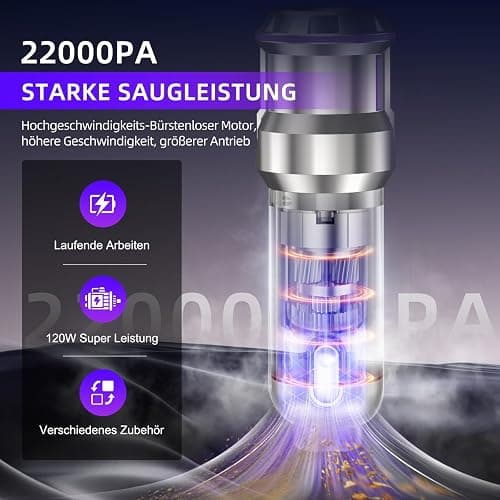 Handstaubsauger, 22000Pa 4-in-1 Handstaubsauger Akku Kabellos mit 1-Knopf-Selbstentleerung, Bürstenloser Motor Mini Staubsauger, 3 Stufen Saugstärke, Auto Staubsauger für Haus/Auto/Tierhaar, Silber thumbnail 2