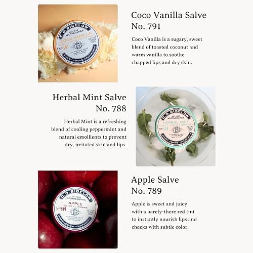 C.O. Bigelow Assorted Salve Tins, Coco Vanilla, Apple, and Herbal Mint | All Purpose Salve for Lips, Cuticles, Hands & Dry Skin - Lip Balm Set - Multi Purpose Moisture - Travel Friendly Tins thumbnail 3