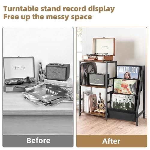 Bikoney Record Player Stand, Turntable Stand with 3-Tier Vinyl Record Storage, Record Player Table 200 Albums, End Table with Vinyl Display Holder Shelf, Record Player Cabinet Media Console for Stereo thumbnail 7