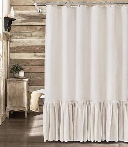 XOGUIBO Farmhouse Shower Curtain with Ruffle Hem Linen Cream Shower Curtains for Bathroom Country Vintage Rustic Natural Fabric, 72" W x 72" L - Image 1