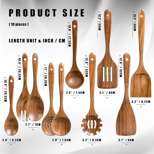 HSM Wooden Spoons for Cooking – 10-Piece Wooden Utensil Set, Non-Stick Safe, Easy-to-Clean Natural Acacia Wood Kitchen Utensils, Ideal for Cooking, Stirring, and Serving at Home thumbnail 2