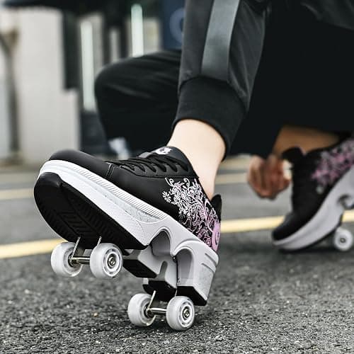 Roller Skate Shoes for Women Four Rounds Children's Roller Skates Shoes That Turn into Rollerskates Sneakers Outdoor Light Shoes with Wheels for Girls/Boys thumbnail 4
