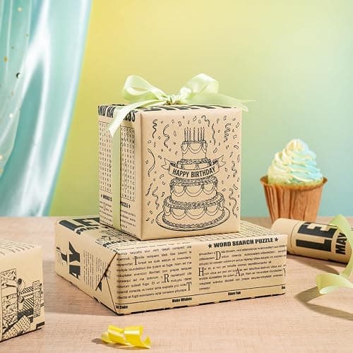 RUSPEPA Kraft Birthday Newspaper Wrapping Paper Roll, Vintage Retro Birthday Headlines with Party Cake & Gifts Design, Kraft Gift Wrap for Adult Milestone Celebration, Party, 17 Inches x 16.4 Feet thumbnail 6