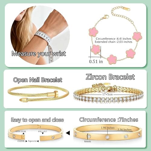 Gold Bracelets for Women, 18K Gold Plated Women Tennis Bracelets Clover Nail Love Bangle Bracelet Set, Gold Bracelet Stackable Set Trendy Jewelry, Gifts for Women's Day and Mother's Day thumbnail 5