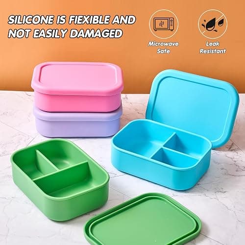 Layhit 4 Pcs Silicone Bento Box for Adults, 27 oz Bento Lunch Container Reusable Food Container for Women Men, Leak Proof Microwave Dishwasher Freezer Safe (3 Compartments,Bright Colors) thumbnail 5