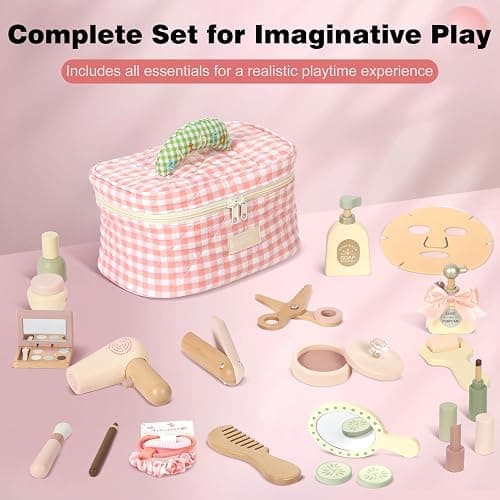 Pithfor Wooden Makeup Toy Set, Pretend Play Makeup Set for Kids Toddlers, Play Beauty Makeup Kit for Girls 3 4 5 6 7 Year Old thumbnail 3