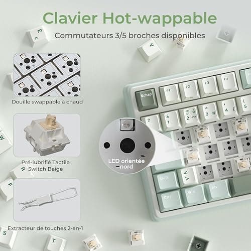 RK ROYAL KLUDGE R98 Pro Clavier Gamer 96% Filaire Mécanique AZERTY, RVB avec Pavé Numérique, Molette de Volume, Gasket Mount, Touches Profil OEM en PBT, Hot-Swap, Switch Tactile Beige Pré-lubrifié thumbnail 5