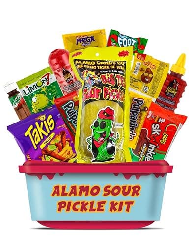 Alamo Sour Pickle Kit, Mexican Candy Mix Ready to make the Famous TikTok Trend, Includes Original Alamo Dill Pickle, Baby Lucas, Lucas Gusano, Skwinkles Salsaghetti & Pulparindo by LookOn - Image 1