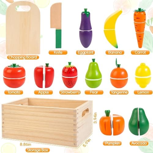 Wooden Play Food for Toddlers, Fruit & Veggies Cutting Set for Play Kitchen | Pretend Play Food, Teaches Part/Whole & Colors, Includes Knives & Board, Christmas Birthday Gift for Boys Girls 3+ Year Old thumbnail 5