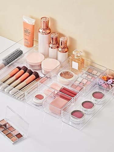 SMARTAKE 30-Piece Drawer Organizer with Non-Slip Silicone Pads, 7-Size Desk Drawer Organizer Trays Storage Tray for Makeup, Jewelries, Utensils in Bedroom Dresser, Office and Kitchen (Clear) thumbnail 2