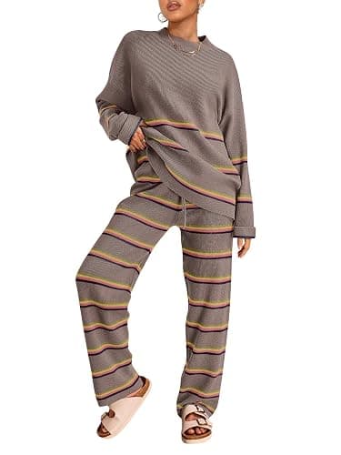 LILLUSORY 2 Piece Sets for Women 2025 Fall Outfits Two Piece Lounge Sets Sweatsuits Striped Knit Sweater Clothes Fashion - Image 1