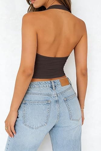 ForeFair Womens Backless Halter Tops Going Out Double Lined Crop Tank Top Open Back Sleeveless Slim Fit Y2k Summer Tops thumbnail 3