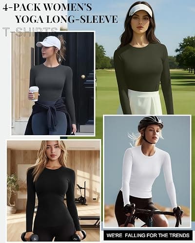 Neer 4 Pcs Womens Long Sleeve Yoga Shirts Crew Neck Compression Tight Workout Shirts Lightweight Stretchy Breathable Tees thumbnail 3