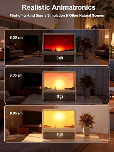 Sunrise Alarm Clock for Bedrooms, White Noise Machine Creative Simulated Sunrise Animation with 7 Modes, 12 Natural Sounds, Music Speaker & Remote, Wake Up Light Sunset Lamp Gifts for Heavy Sleepers thumbnail 4