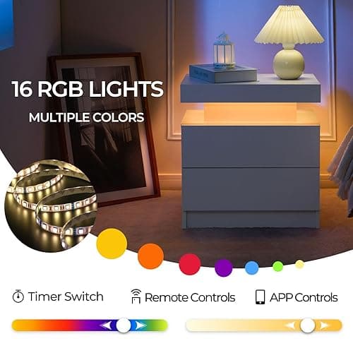 i-aplus Nightstand Set of 2 LED Nightstand with 2 Drawers,Night Stand Set 2 with LED Light,Bedside Table with Drawers for Bedroom,White - White thumbnail 8