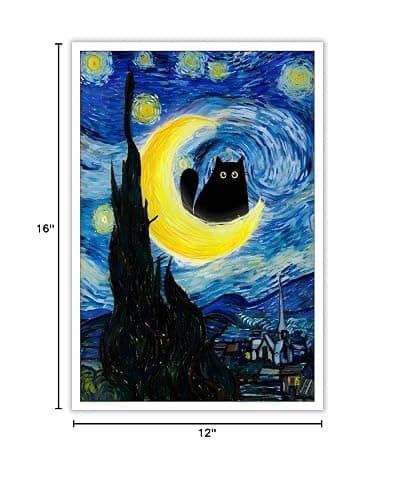 Funny Starry Night Cat Poster Cute Abstract Animal Canvas Wall Art Black Cat On The Moon Whimsical Aesthetic Prints Painting For Living Room Bedroom Gallery Wall Decor 12x16in Unframed thumbnail 8