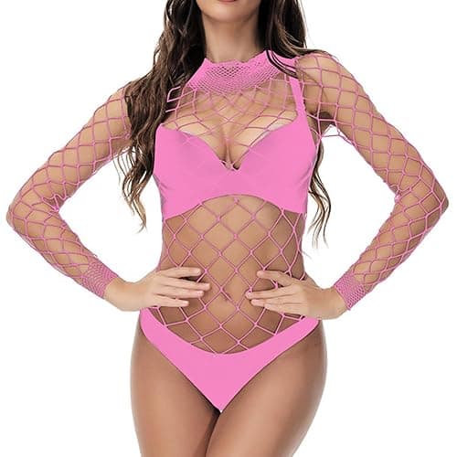Tosmifairy Fishnet Bodysuit Top for Women Stretch One Piece Long Sleeve Mesh Rave Romper Body Suit - Pink thumbnail 3