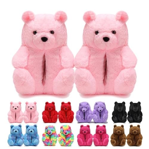 DOVORSY Women's Christmas Teddy Bear Slippers,Winter Fuzzy Cute Indoor House Slippers with Cushion,Fluffy Cartoon Bedroom Shoes,Cozy Warm Gifts for Women,Men,Ladies,Girls (Size 7-11) - Image 1