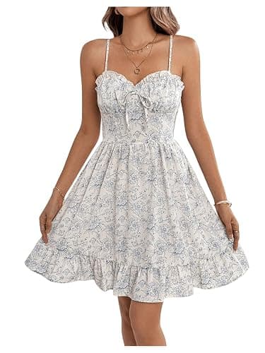 MakeMeChic Women's Floral Print Short Cami Dress Shirred Spaghetti Strap Frill Trim Boho Dresses - X-Small - White - Image 1