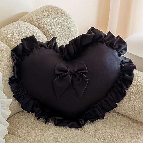 MOJUN Black Heart Pillow, Soft Heart Shaped Pillow with Bow Ruffle Design Love Room Decor Pillows for Sofa Bed Chair Cute Heart Shaped Throw Pillow Cushion for Bedroom Living Room thumbnail 6
