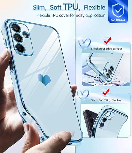 LeYi for Samsung Galaxy A15 5G Case: with Tempered Glass Screen Protector [2 Pcs]+Camera Lens Protection, Love Heart Plating Women Luxury Shockproof Case for A 15, Cute Present for Mom, Sierra Blue thumbnail 3