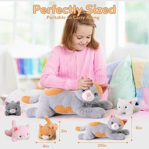 gnomantic 5 Pieces Cat Stuffed Animals with Babies Inside Belly - 1 Mommy Stuffed Cat with 4 Kittens - Stuffed Kitty Plush Toys for Kid Age 3-8, Gift Ideal for Christmas, Valentine's, Birthday (Grey) - Grey Cat thumbnail 2