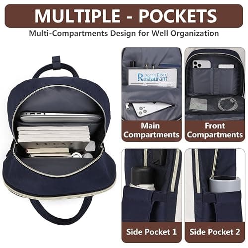 Laptop Backpack for Women, Fits 15.6 Inch Laptop Bag, Fashion Travel Work Backpack Anti-theft Bag with USB Charging, Business Computer Waterproof Backpack Purse, Beige Blue Brown thumbnail 3
