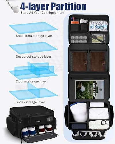 LOINTET Golf Trunk Organizer, Waterproof Car Golf Locker with Separate Ventilated Compartment for 2 Pair Shoes, Golf Storage for Balls, Tees, Cap, Clothes, Gloves, Accessories, Gifts for Men, Women thumbnail 5
