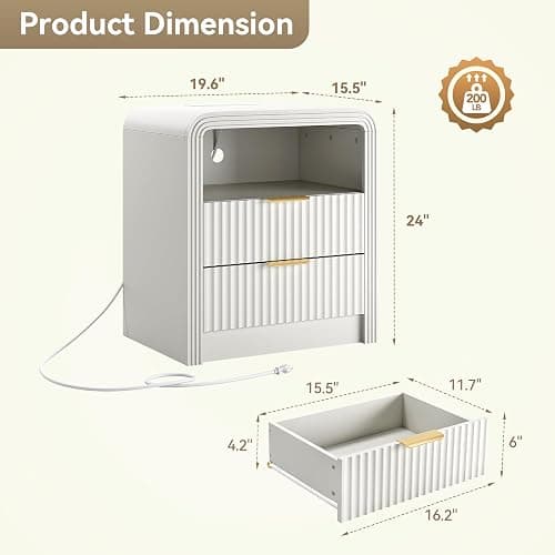 Decofy Fluted Nightstand with Charging Station, 19.7'' Wide Morden End Table with USB/Type-C Ports, 2 Drawers & Open Shelf, Curved Profile Design, Wood Bedside Table for Bedroom (White) thumbnail 2