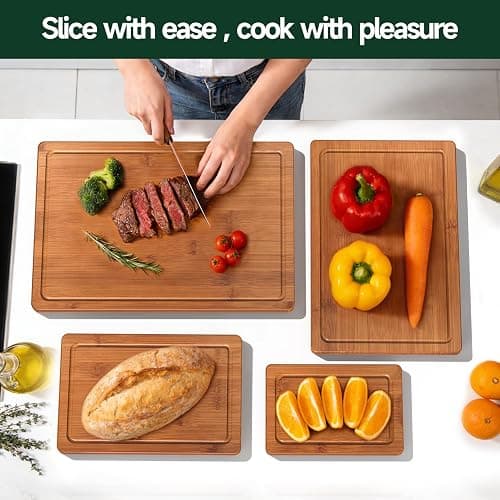 Zeawec 4-Piece Set Bamboo Cutting Board for Kitchen - Crack-Resistant Wood Chopping Boards with Deep Juice Grooves, Pre-Oiled Butcher Block for Meat, Vegetables & Cheese, Carbonized thumbnail 7