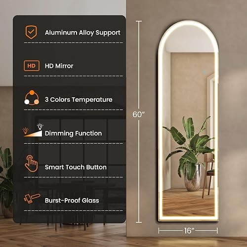 Sweetcrispy Arched Full Length Mirror with LED Lights, 61"x17" Lighted Floor Mirror with Dimming & 3 Color Lighting, Stand for Bedroom, Dressing Room thumbnail 3
