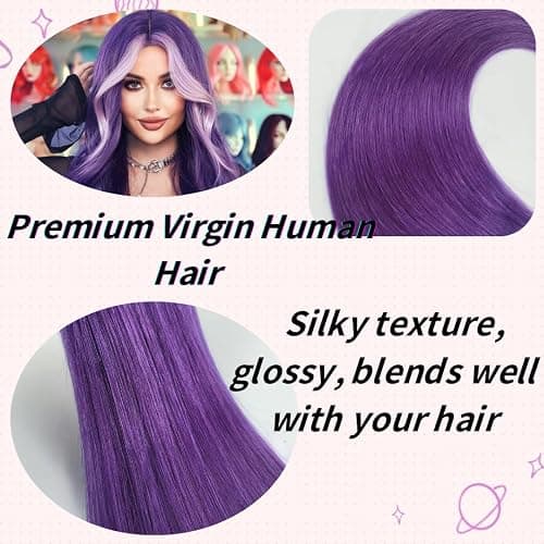 Purple Tape in Hair Extensions Human Hair 24 Inch Invisible Thick Ends Tape in Colored Remy Hair Extensions for Girls - 24 Inch-20pcs-30 Gram - #Purple thumbnail 2