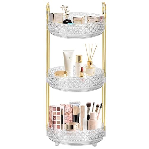 LAREKUN 360 Rotating Rotating Makeup Organizer for Vanity, 3 Tier Perfume Skincare Organizers and Storage for Bathroom Countertop, Clear Spinning Counter Cosmetic Holder for Dresser,Clear - Image 1