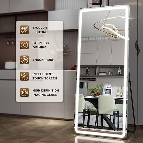 Easly 26x68 inch Full Length Mirror with Lights, LED Lighted Floor Standing, Hanging Mirror Full Length with Stand Free, Full Body Dressing Mirrors with Dimmable 3 Color LED thumbnail 5
