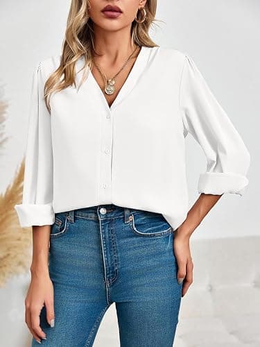 Women's Business Casual Tops Summer Long Sleeve Button Down Shirts V Neck Chiffon Blouses thumbnail 4