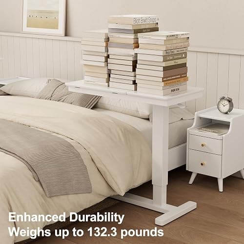 Muwuele Solid Wood Overbed Bedside Table with Wheels, Adjustable Medical Tilt Top Hospital Bed Table Over The Bed, Rolling Laptop Desk, Mobile Standing Desk for Hospital and Home Use (White) thumbnail 9