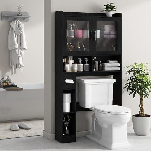 Vabches Over-The-Toilet Storage Cabinet, Farmhouse Style with 2 Acrylic Waves Doors, Space-Saving Home Storage Rack for Restroom, Bathroom and Laundry Room.Black. thumbnail 5