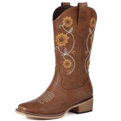 Bybmorto Cowboy Boots for Women - Mid Calf Western Sunflower Cowgirl Boots with Floral Embroidery, Square Toe Stitched Pull On Retro Design, Perfect for Country Idyll, Concerts and More - Image 1