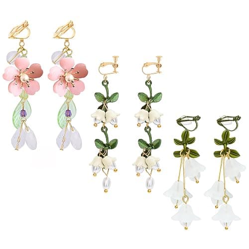 NEWITIN 3 Pairs Flower Clip On Earrings for Women Hypoallergenic Earring Pearl Leaf Floral Tassel Earring Non Piercing Clip on Long Flower Dangle Earrings for Women - Image 1
