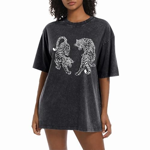 Weetiotio Tiger Graphic Tees Shirt for Women Oversized Streetwear Shirts Acid Wash Tshirt Tigers Print Cotton Summer Tops - Image 1