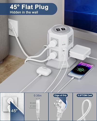 Tower Surge Protector Power Strip Flat Plugs with 8 Outlets 4 USB Ports (2 Type C), 6.5 FT Flat Extension Cord with Multiple Outlets, Charging Station with Surge Protection for Home Office Dorm thumbnail 3