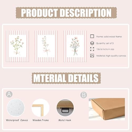 Trendy Pink Floral Wall Art Set of 3, Preppy Canvas Prints with Bow and Stripe Border Cute Aesthetic Botanical Wall Decor Artwork for Bedroom Bathroom Home Decor Girl Dorm Room,12x16 in Framed thumbnail 3