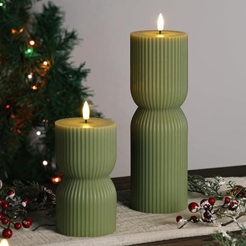 Girimax Olive Green Ribbed Flameless Pillar Candles with Remote, LED Candles Battery Operated Flickering Real Wax Set of 2 thumbnail 8