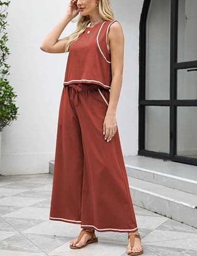 Ynhonra Women’s 2 Piece Lounge Set Sleeveless Tank Top & Wide Leg Pants Contrast Trim Relaxed Casual Matching Outfit thumbnail 3