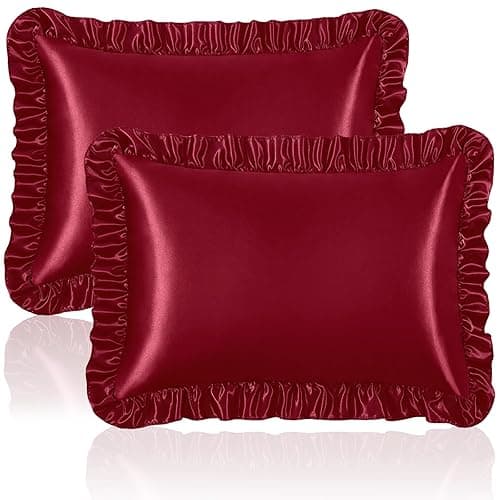 Homiest Ruffle Satin Pillowcase for Hair and Skin, Standard Size Satin Pillow Covers Silky Pillow Cases Set of 2, Satin Ruffled Pillowcase with Envelope Closure, Anti Wrinkle Pillow Shams (Burgundy) - Standard - 20 x 26 Inch - Burgundy