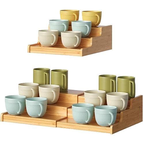 Hongtamoya 3-Tier Expandable Bamboo Mug Holder For Countertop Coffee Cup Holder Display Mug Organizer Mug Rack for Coffee Bar Organizer Mug Shelf for Cabinet for Kitchen, Home - Image 1