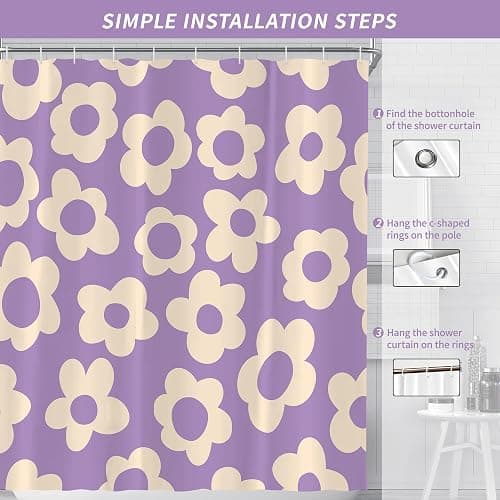 Visioun Purple Cute Retro Floral Abstract Flower Shower Curtain for Bathroom 72W*72H Inch 70s Lovely Vintage Aesthetic Funky Bathtub Decor Modern Trendy Waterproof Polyester Fabric Set with 12 Hooks thumbnail 6