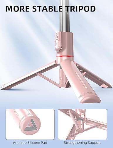 Selfie Stick mit Verbessertem Stativ [2023 Ganz Neues Entwurf] Selfie Stange aus Aluminium Handy Stativ mit Abnehmbarer Fernbedienung um 360° Drehbar für iPhone Samsung, Action-Kamera GoPro (Rosa) thumbnail 2
