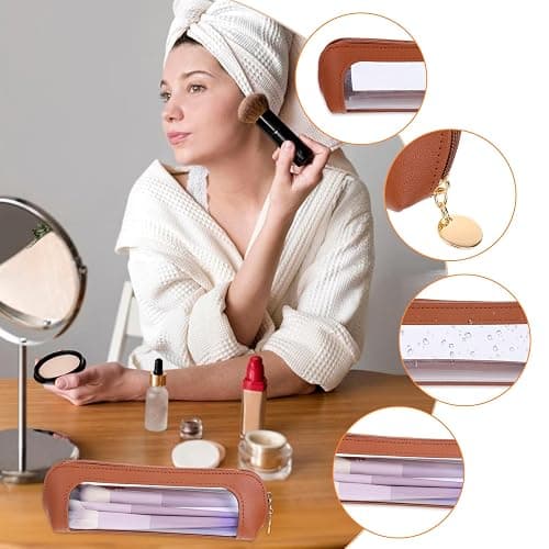 Small Clear Makeup Pouch, PU Leather Makeup Brush Bag Portable Travel Mini Cosmetic Bag Transparent Waterproof Organizer Pouch with Zipper for Women Home Travel Office Cosmetic Storage (Brown) thumbnail 6